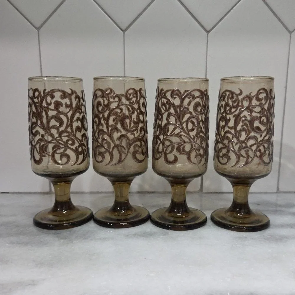Libbey Prado Tawny Brown Juice Glasses, Set of 4, Vintage‎ Footed Stemware